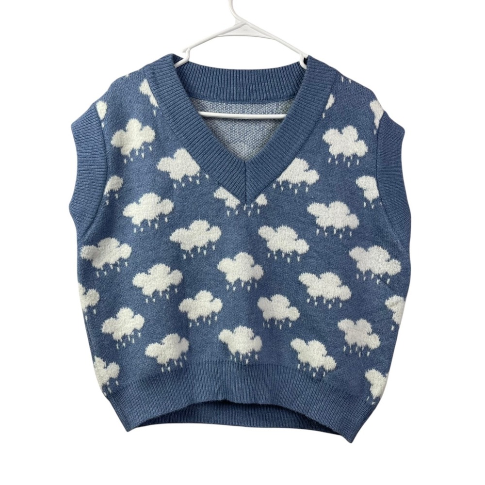 Zara Sleeveless Rain Clouds V neck Sweater Vest Womens Large Blue
